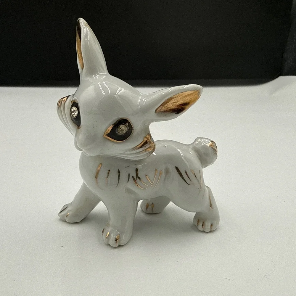 Vintage Japan White Porcelain Bunny Rabbit Figurine Gold Gilt Rhinestone Eyes